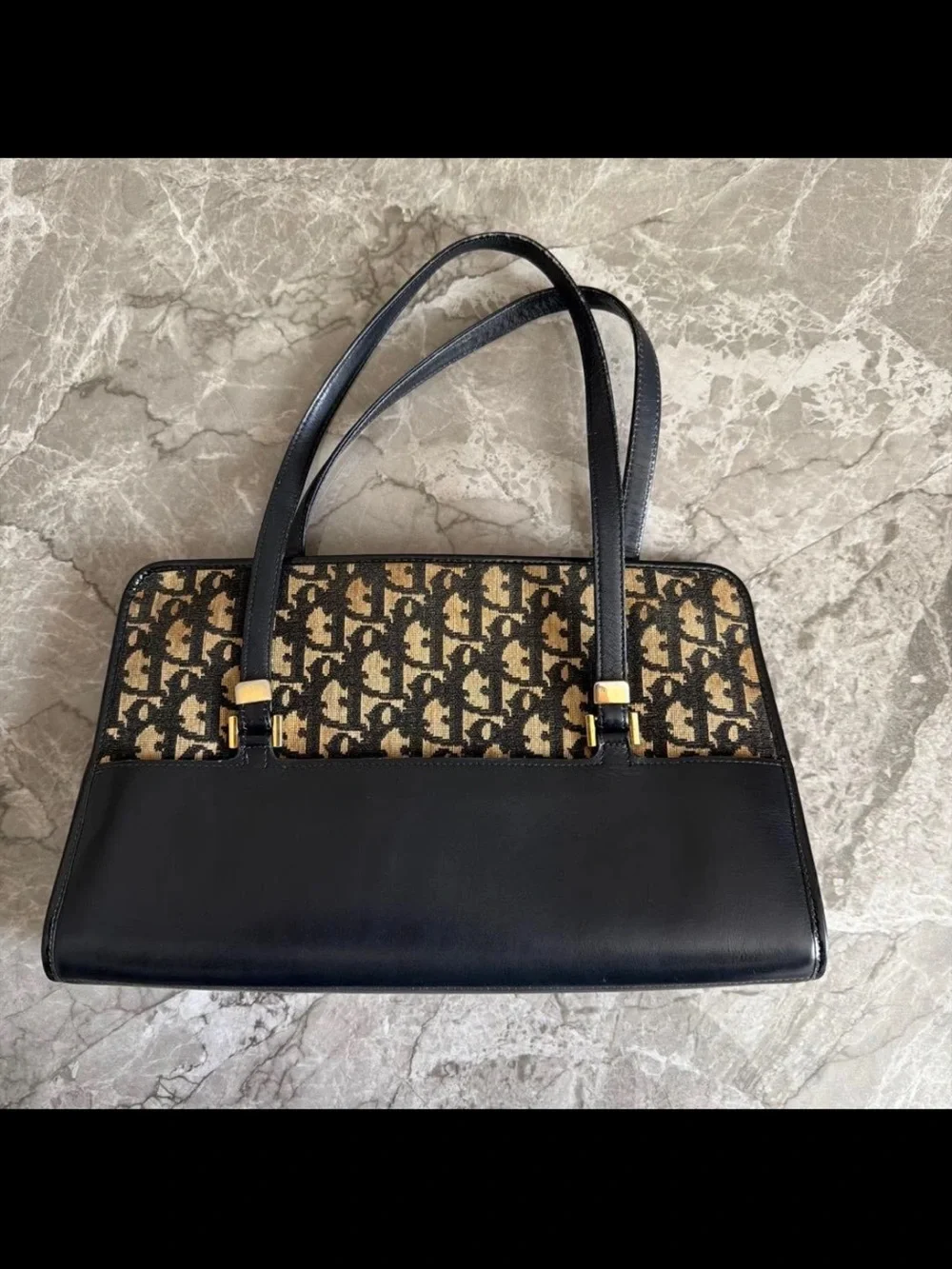 Dior Black and Beige Logo Jacquard Shoulder Bag